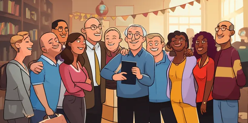 Reencontro de ex-alunos com professor Grupo de adultos sorrindo com um professor mais velho, celebrando o reencontro