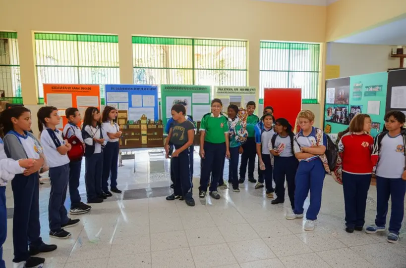 Alunos observando paineis e maquetes em uma exposicao escolar sobre a Proclamação da República