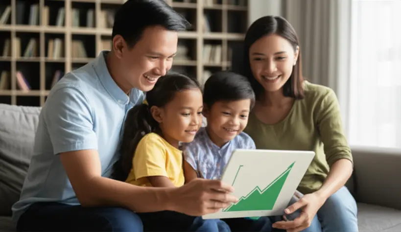 Família feliz planejando finanças com app Família sorridente usando tablet para planejar finanças e investimentos