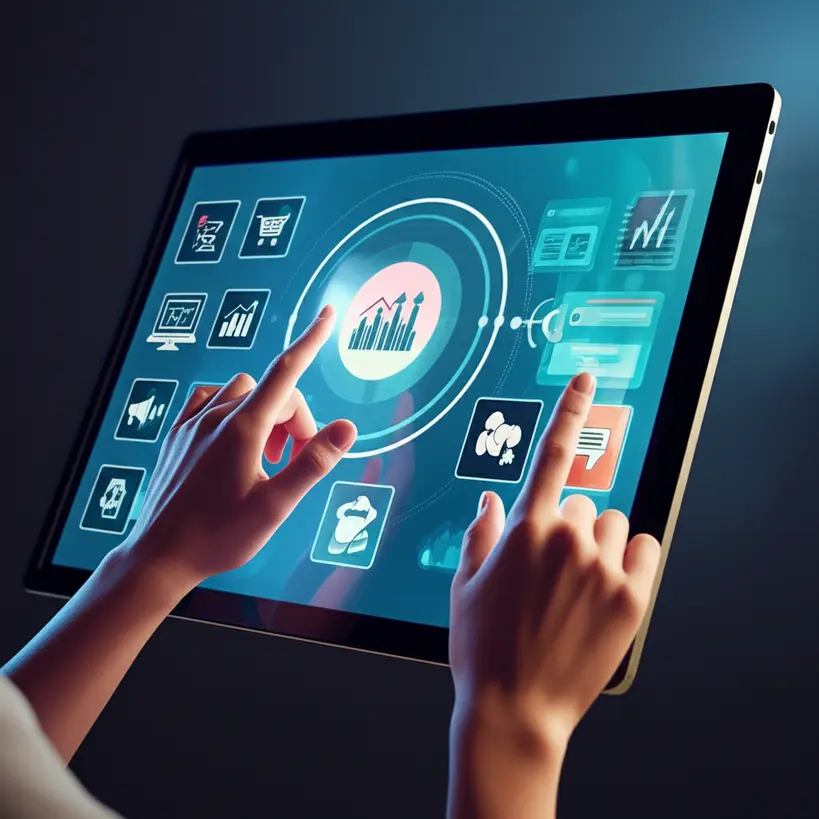 Ferramentas de automação de vendas em tela digital Mãos interagindo com um painel digital mostrando ícones de diversas ferramentas de automação de vendas