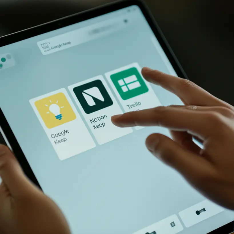 Ferramentas Digitais de Planejamento de Metas Ilustração de mãos digitais interagindo com ícones de aplicativos de planejamento como Google Keep, Notion e Trello em uma tela de tablet