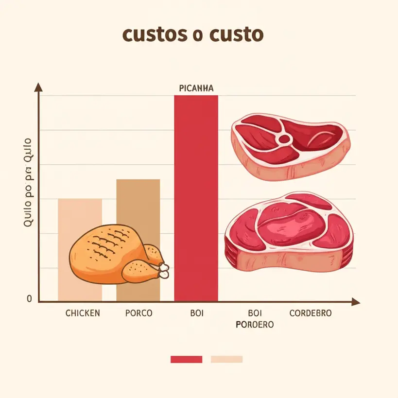 Gráfico de barras comparando o custo por quilo de picanha, frango e carne moída, destacando a diferença de preço