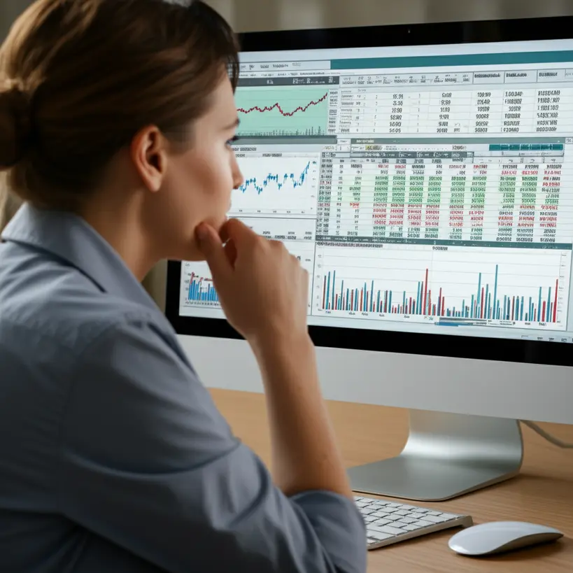 Graficos e dados sendo analisados em uma tela de computador