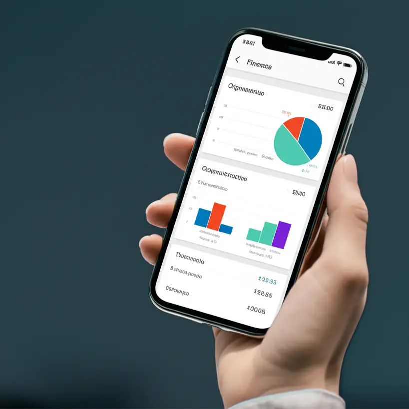 Aplicativo de finanças em um celular Interface de um aplicativo de finanças exibindo gráficos de orçamento e saldo