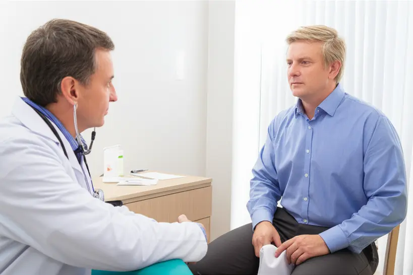 Homem adulto em consulta médica, conversando com o médico sobre exames de rotina e prevenção