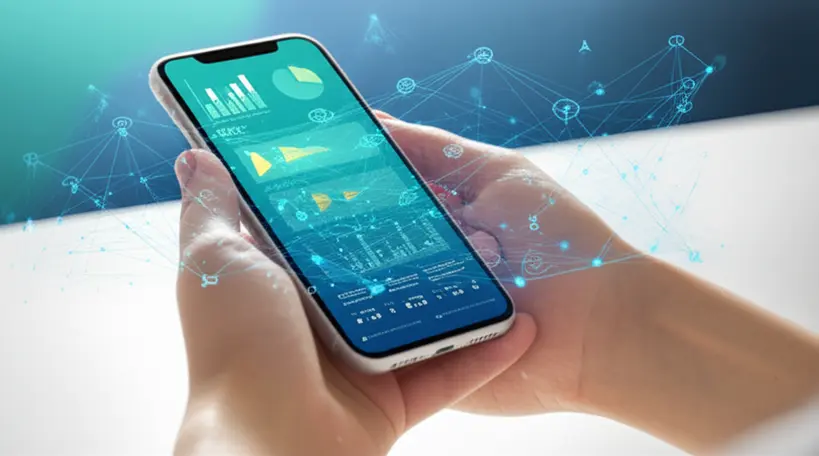 Aplicativo de Finanças com IA Mãos segurando smartphone com app de finanças e gráficos de IA