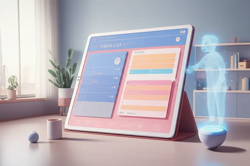 Pessoa usando tablet com app de organização pessoal e IA Pessoa utilizando tablet com aplicativo de organização pessoal e assistente virtual de IA