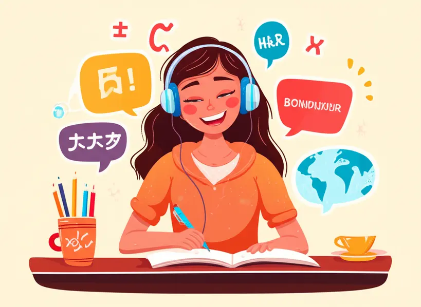 Jovem ouvindo podcast e anotando Jovem concentrada ouvindo podcast e fazendo anotações em um caderno para aprender um novo idioma