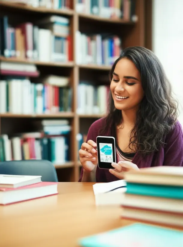 Jovem usando aplicativo de idiomas Jovem sorrindo enquanto usa um aplicativo de aprendizado de idiomas em seu celular, em uma biblioteca