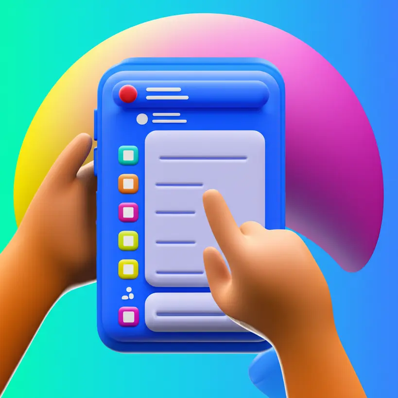 Desenho 3D de uma pessoa usando um aplicativo de lista de tarefas em um smartphone