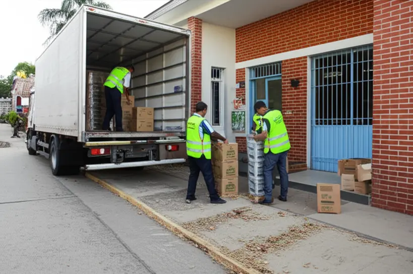 Caminhões entregando alimentos em uma escola municipal de Sorocaba, ilustrando os desafios logísticos