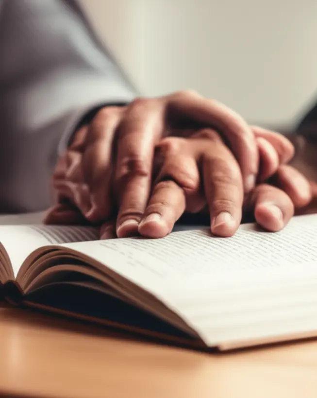 Conexão entre professor e aluno Mãos de professor e aluno sobre um livro, simbolizando aprendizado e apoio