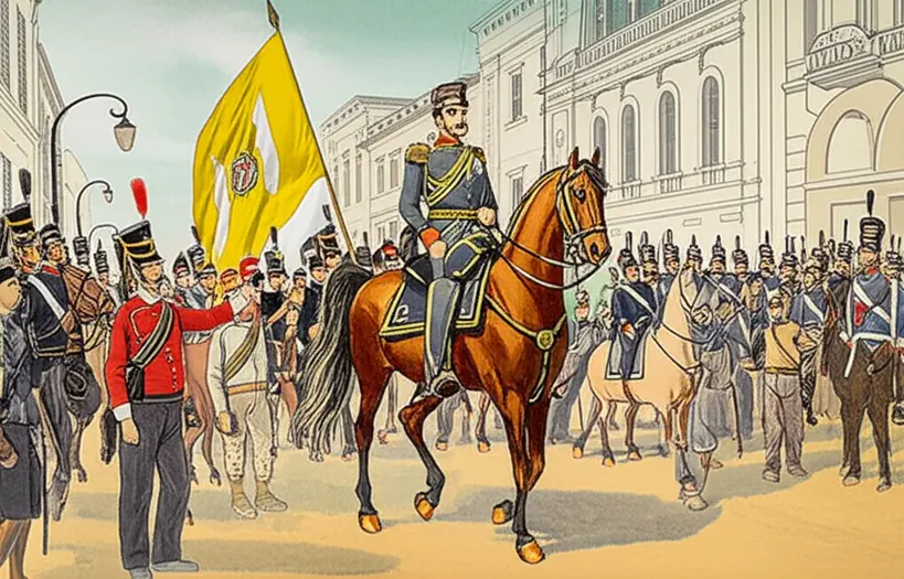 Ilustração de Marechal Deodoro da Fonseca a cavalo, liderando tropas durante a Proclamação da República