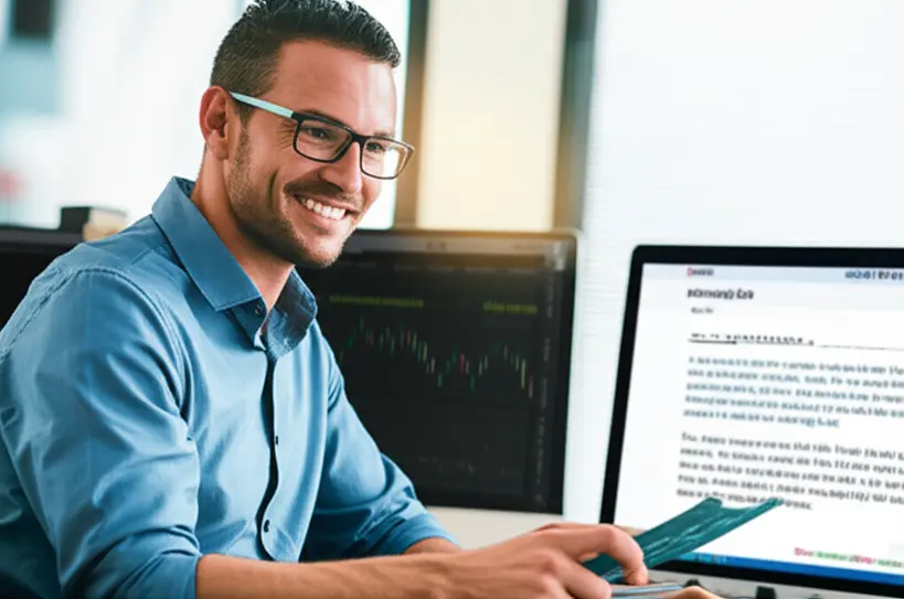 Profissional de marketing usando IA para produtividade Um profissional de marketing sorrindo enquanto revisa conteudo gerado por IA em uma tela de computador, com graficos de produtividade em segundo plano.