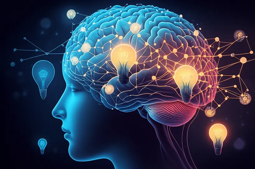 Mente humana e IA na geração de ideias Ilustração de uma mente humana e uma rede neural de IA se conectando, com lampadas acendendo, simbolizando a colaboração na geração de ideias.