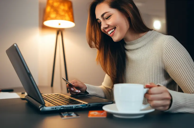 Mulher comprando online na Black Friday Mulher sorrindo usando notebook para compras online na Black Friday 2025