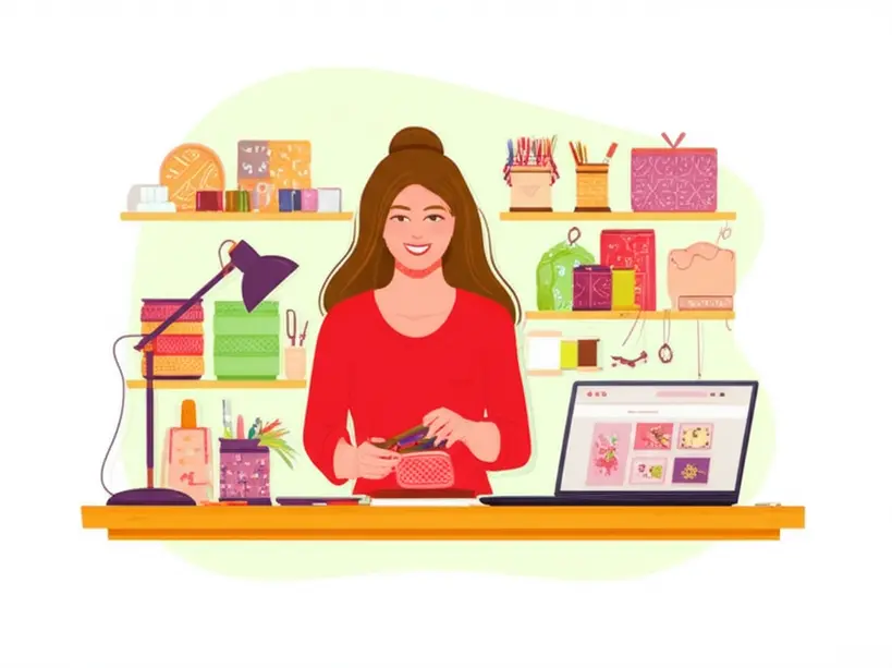 Uma mulher sorrindo, trabalhando em um produto artesanal em sua oficina, com um laptop aberto ao lado mostrando seu e-commerce, simbolizando a paixão e a personalização.