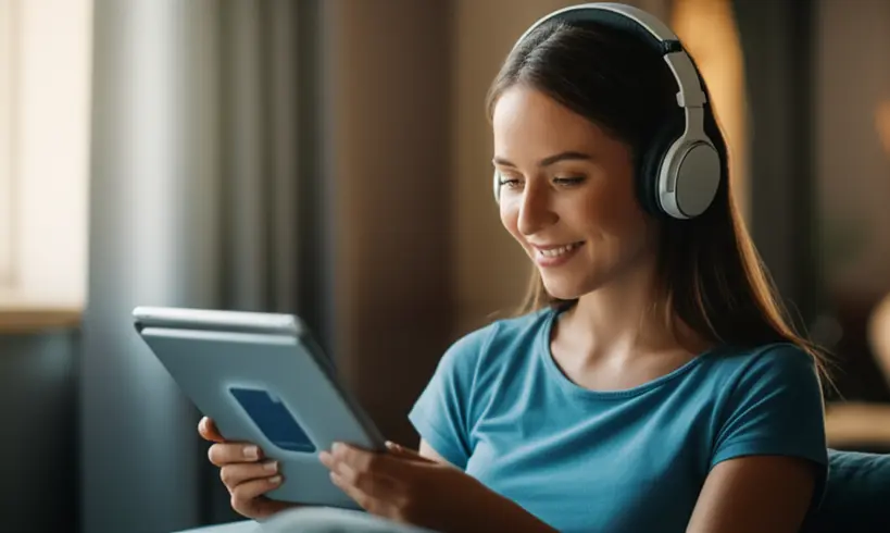 Mulher estudando idiomas com fones de ouvido Uma mulher jovem e sorridente usando fones de ouvido e um tablet para estudar idiomas, em um ambiente interno bem iluminado.