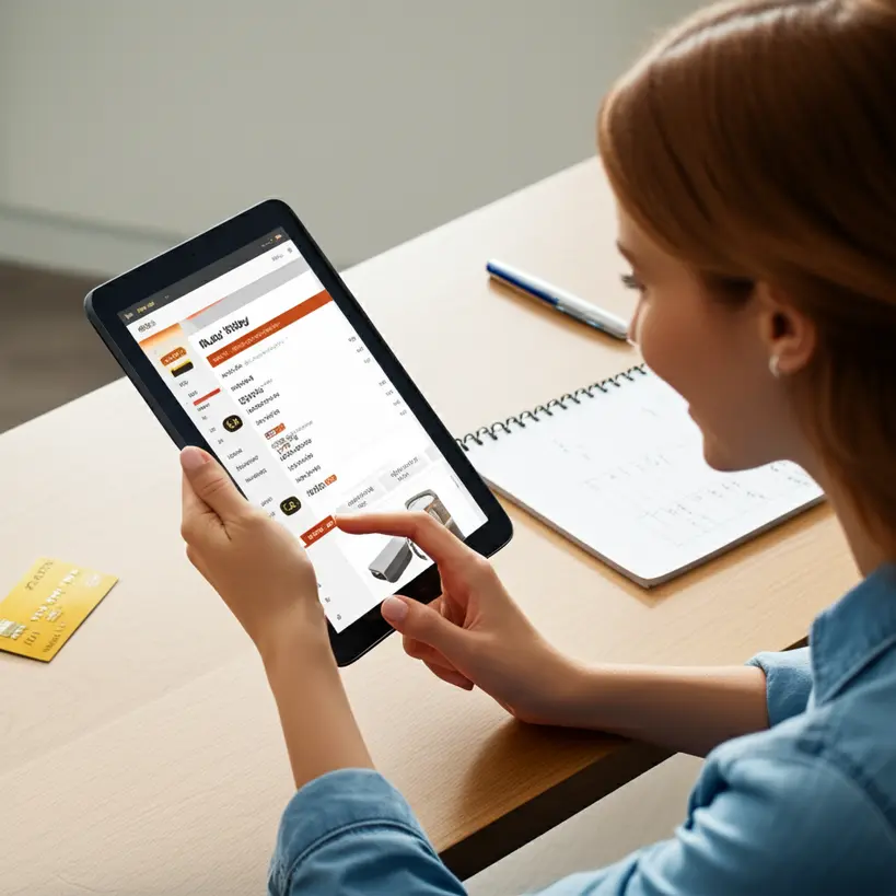 Mulher planejando compras para Black Friday 2025 Mulher sorridente usando tablet para planejar compras da Black Friday com lista e cartão de crédito