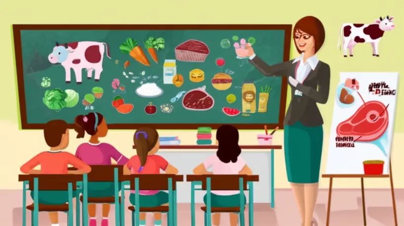 Nutricionista em sala de aula ensinando crianças sobre alimentação saudável