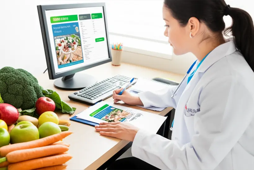 Nutricionista analisando um cardápio escolar com foco em alimentação saudável e variada