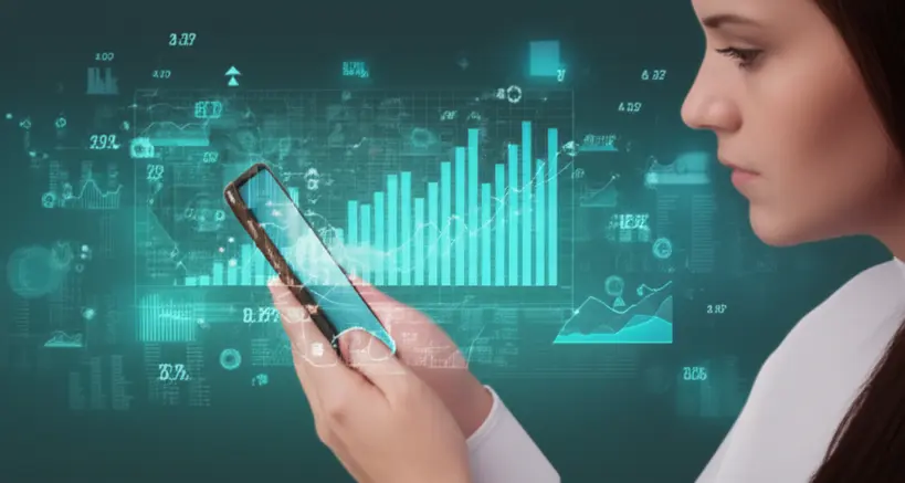 Pessoa analisando gráficos financeiros no celular Uma pessoa focada analisando gráficos de finanças em um smartphone, com dados e números flutuando ao redor, simbolizando controle financeiro digital.