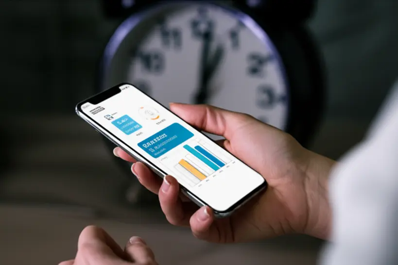 Indivíduo utilizando um aplicativo de monitoramento de tempo em um smartphone com um relógio desfocado ao fundo