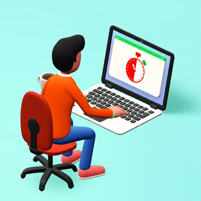 Desenho 3D de uma pessoa concentrada trabalhando em um laptop com um temporizador Pomodoro na tela