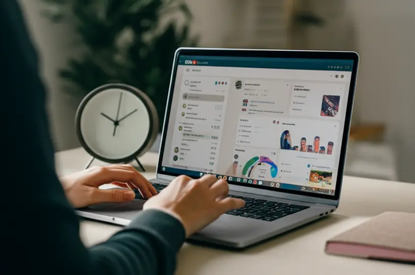 Pessoa Focada em Produtividade e Metas Foto realista de uma pessoa concentrada usando um laptop com aplicativos de produtividade abertos, com um relógio ao fundo