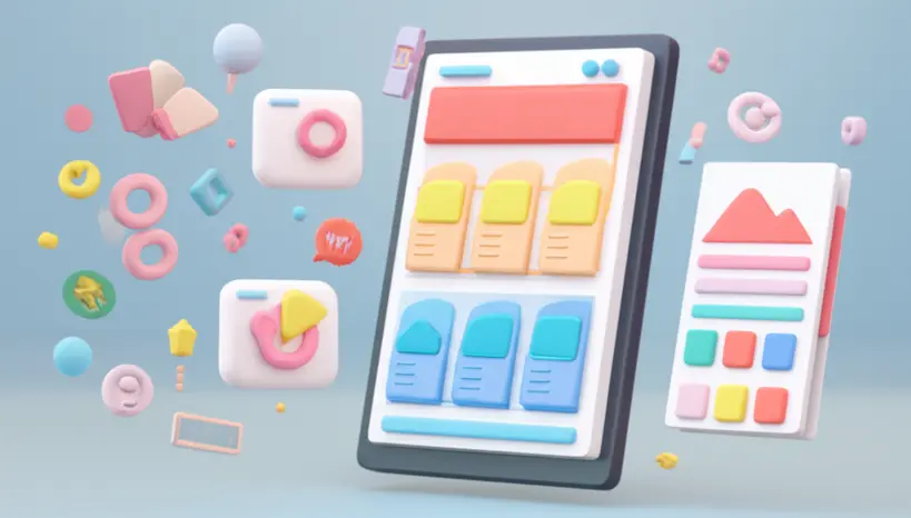 Pessoa Inspirada Navegando em Templates de Design Uma pessoa com expressao de inspiracao navegando por uma biblioteca de templates de design em um tablet rodeada por elementos criativos e ideias surgindo