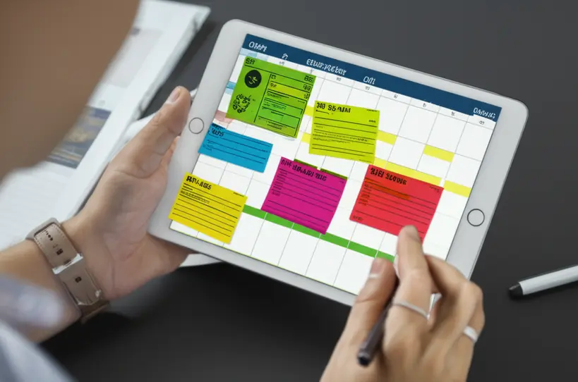 Pessoa organizando tarefas em um calendario digital em um tablet