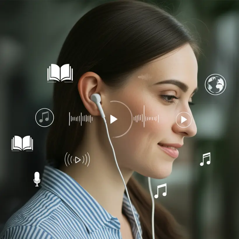 Uma pessoa engajada ouvindo um podcast ou aula de idiomas em fones de ouvido