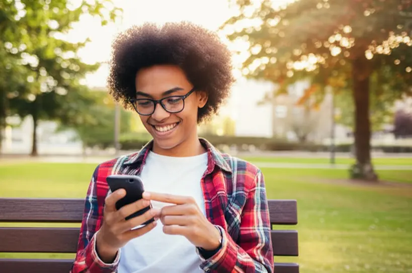 Pessoa aprendendo idiomas no celular em um parque Uma pessoa sorrindo usando um aplicativo de idiomas em um smartphone, sentada em um banco de parque, com árvores ao fundo.