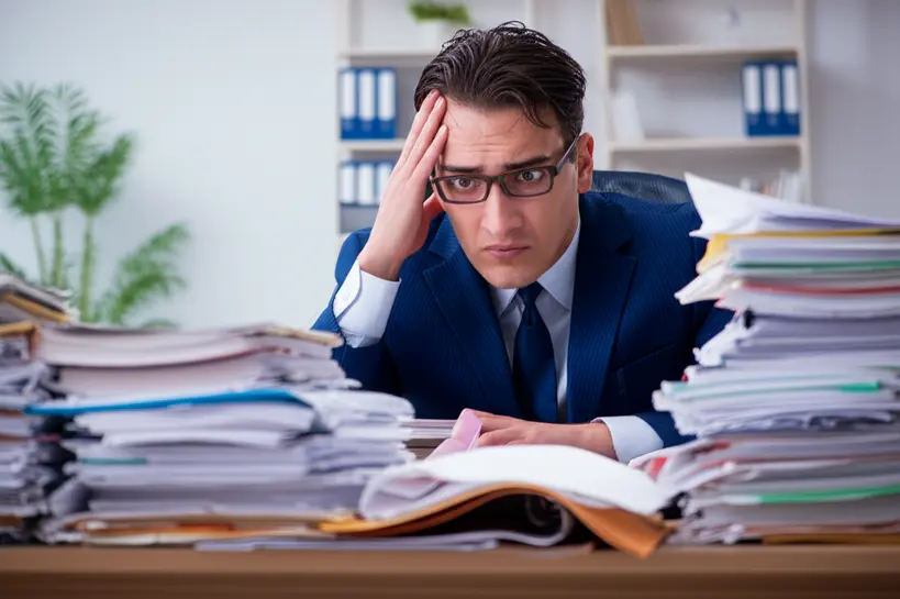 Professor estressado com pilha de papéis na mesa, simbolizando a sobrecarga de trabalho