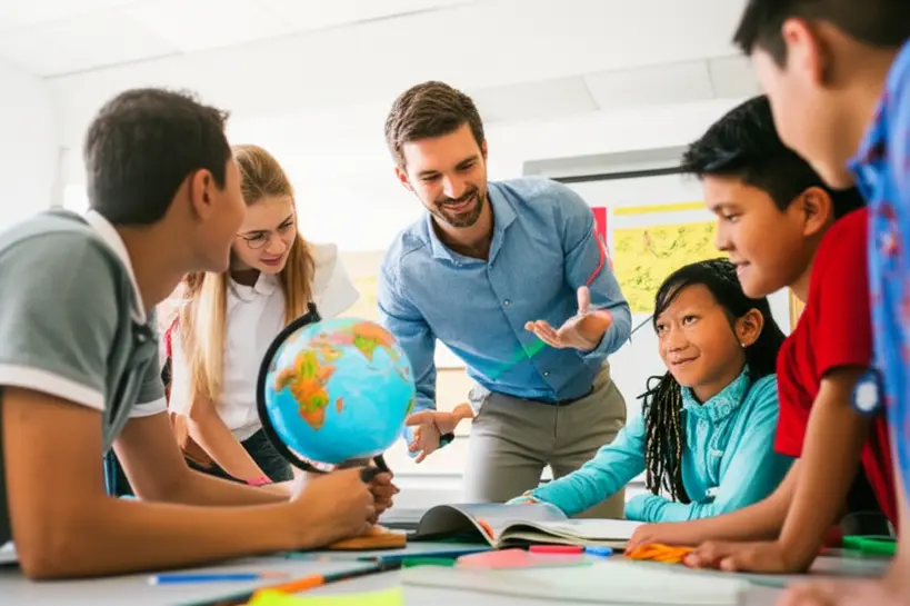 Professor inspirando alunos com um globo em sala de aula, promovendo o aprendizado e a curiosidade
