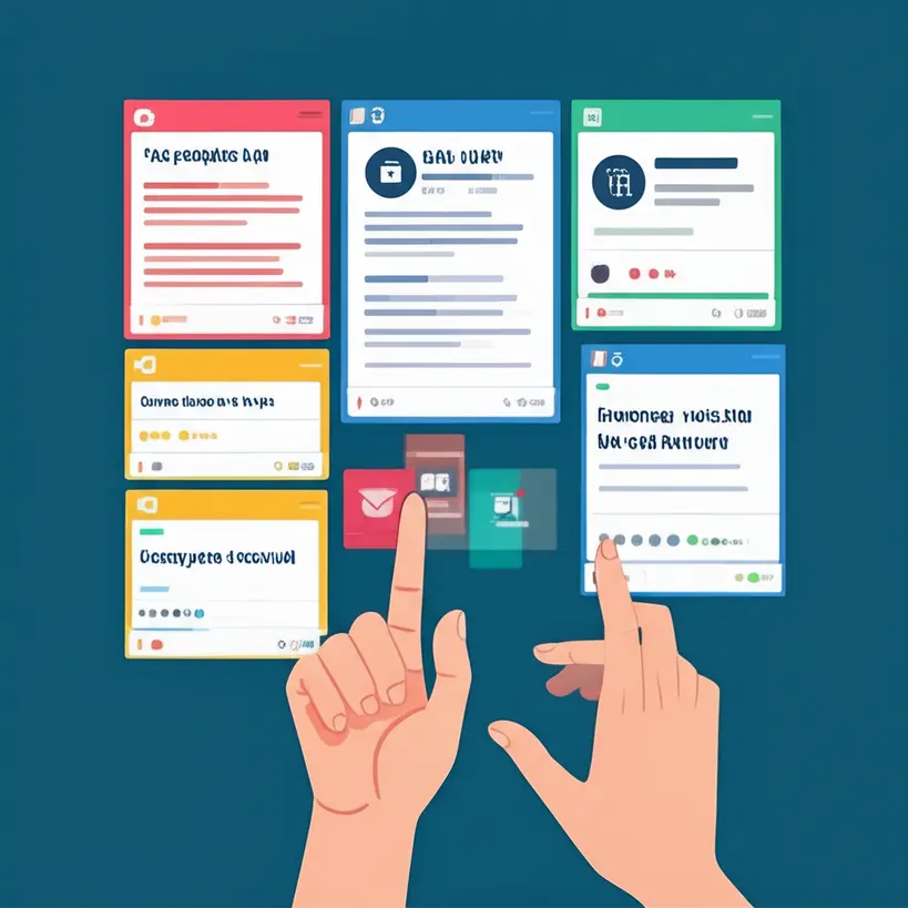Ilustração de um quadro Kanban digital do Trello com cartões coloridos representando tarefas e projetos