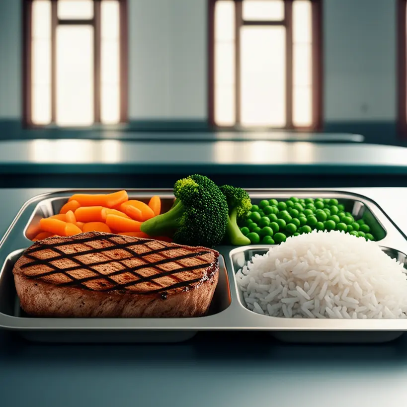 Prato de picanha com acompanhamentos saudáveis em refeitório escolar