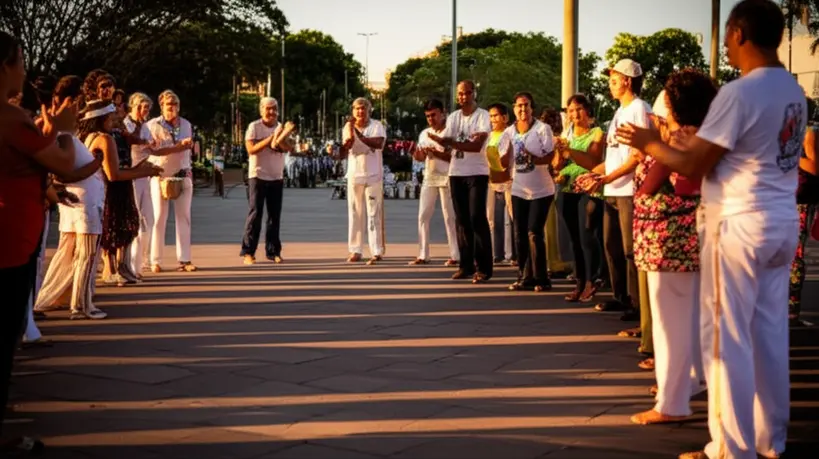 Roda de capoeira em ambiente urbano Foto realista de uma roda de capoeira com participantes de diversas idades ao entardecer em uma praça pública