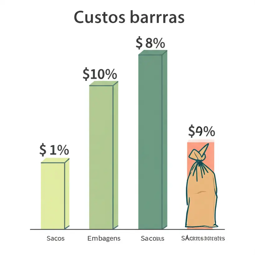 Gráficos de barras comparando custos de embalagens, com sacos Kraft em destaque pela economia