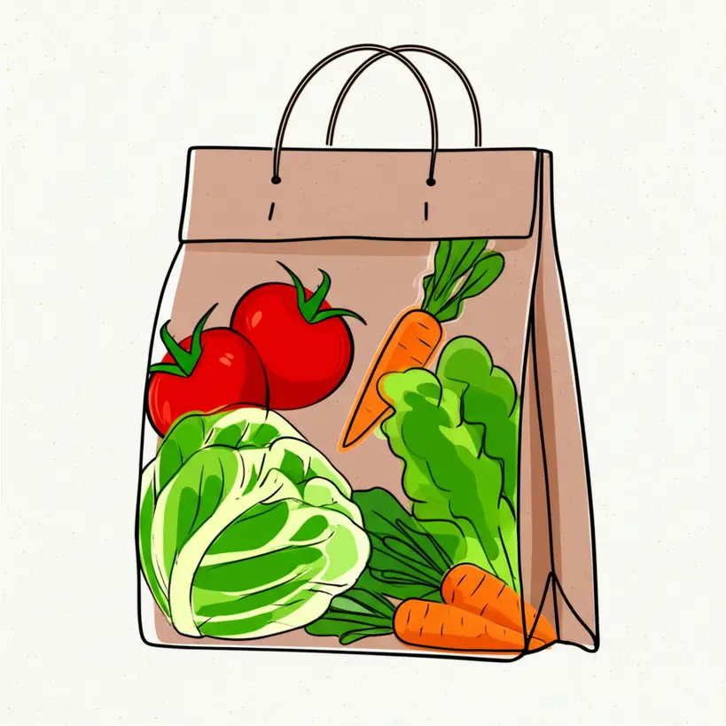Saco kraft com design criativo e colorido, exibindo um logotipo de restaurante e elementos gráficos que remetem a alimentos frescos e saborosos.