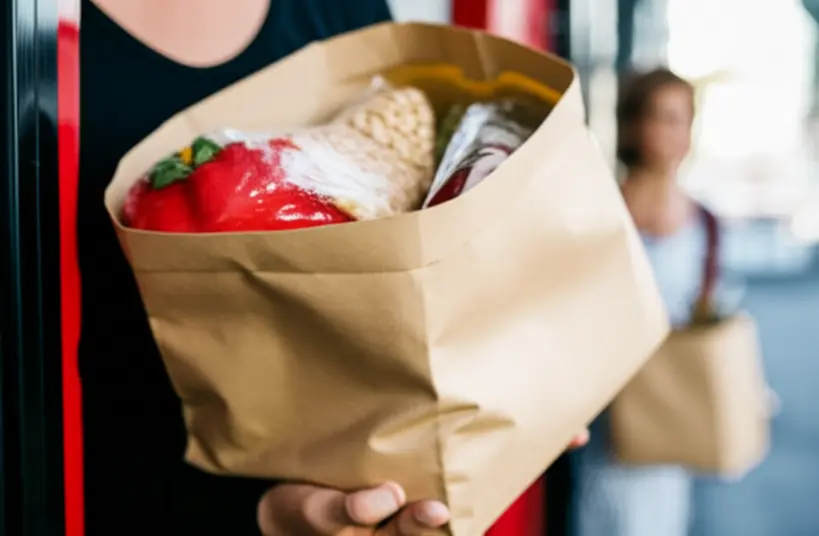 Mãos segurando um saco Kraft resistente com alimentos dentro, em um ambiente de entrega