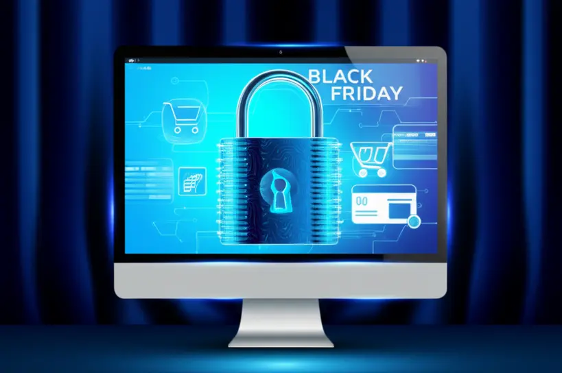 Segurança em compras online na Black Friday Cadeado digital em tela de computador simbolizando segurança em transações online na Black Friday
