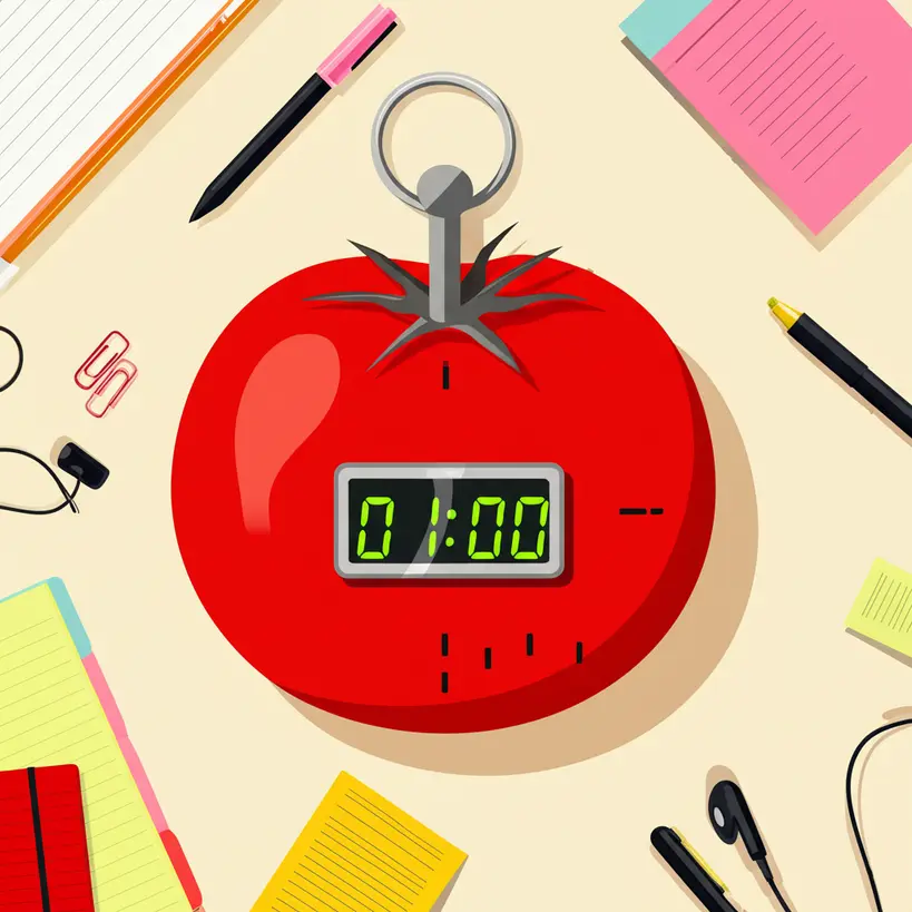 Ilustração de um relógio de tomate em uma mesa organizada para a técnica Pomodoro