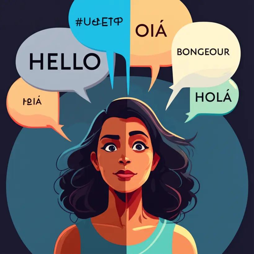 Ilustracao de uma pessoa timida se tornando confiante ao usar a tecnologia para falar idiomas