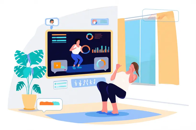 Treino Personalizado com IA Pessoa se exercitando em casa com um coach de IA em uma tela