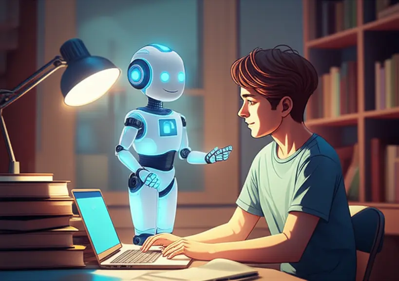 Tutor Virtual de IA Oferecendo Feedback Desenho 3D de um avatar de IA amigável fornecendo feedback e sugestões a um estudante, simbolizando a interação e o aprendizado assistido por IA.