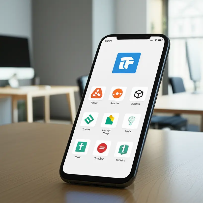 Aplicativos de Produtividade Vários ícones de aplicativos de produtividade em uma tela de smartphone com um fundo borrado de escritório moderno