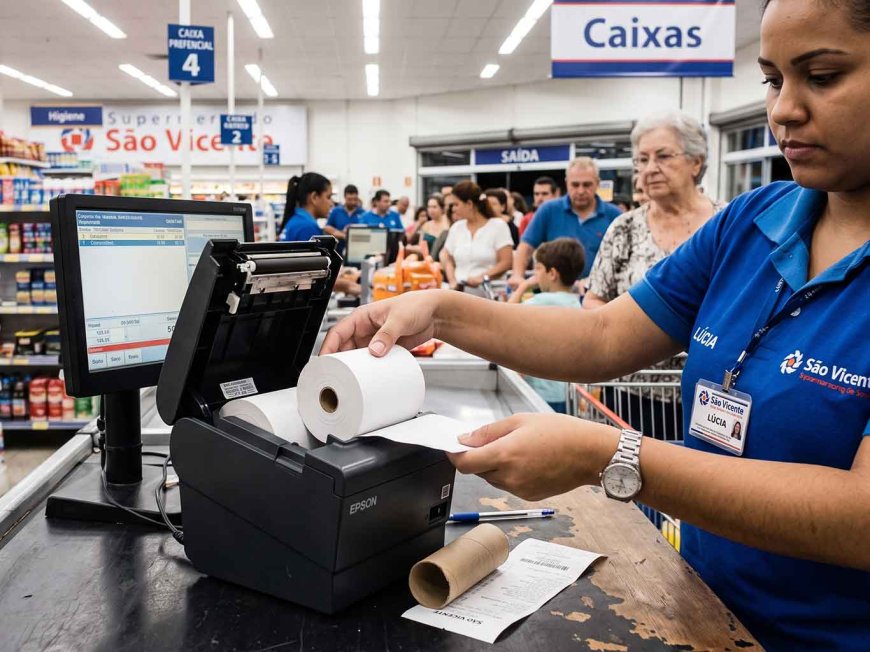 Impressora térmica de PDV com bobina sendo substituída