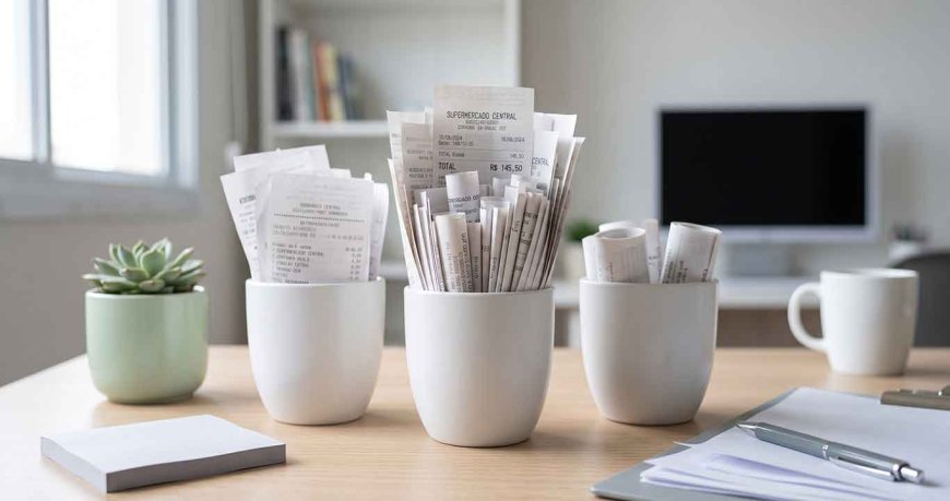 Cupons fiscais organizados em copos brancos de armazenamento sobre mesa de escritório
