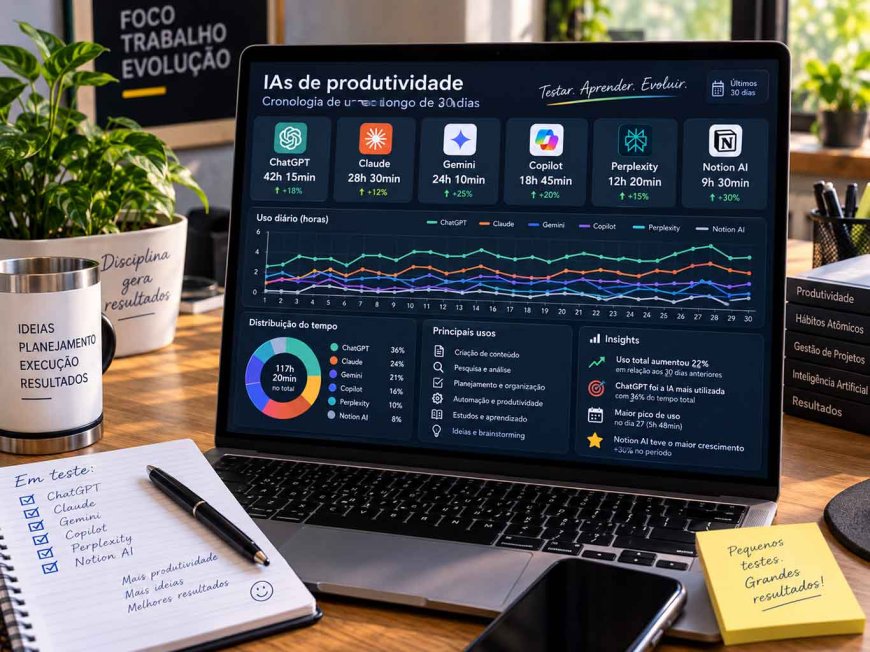 Painel de cronologia de uso das IAs de produtividade ao longo de 30 dias